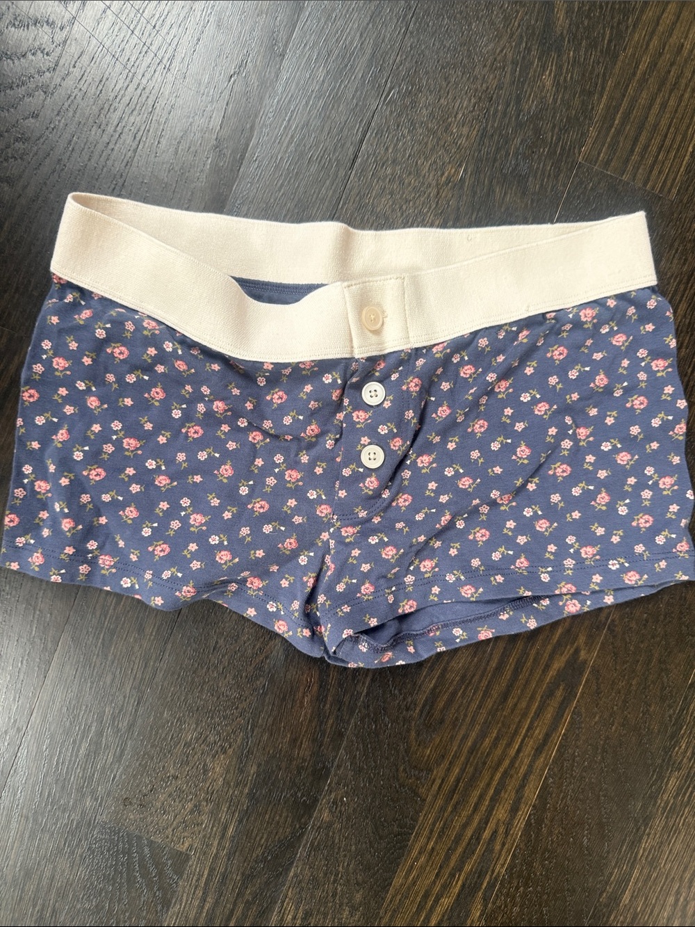 Brandy Melville Women’s Navy Floral Lounge Shorts with Cream Waistband